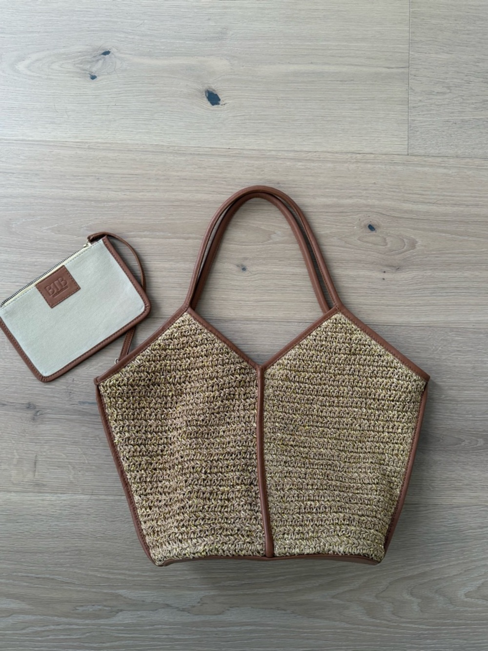 Natural Woven Tote with Tan Trim and Handles - Picture 2 of 5